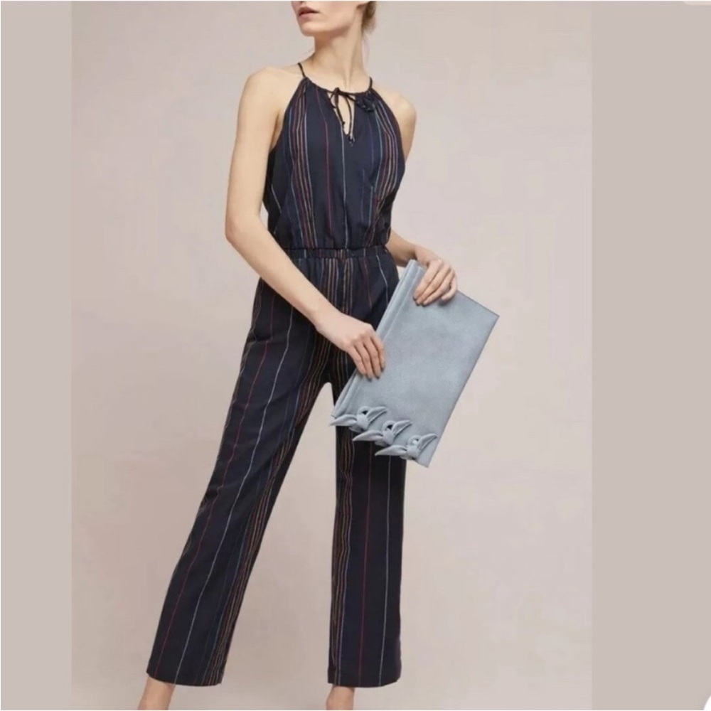Anthropologie Dolan Rainbow Striped Jumpsuit Halter Neck Navy Blue Sz S